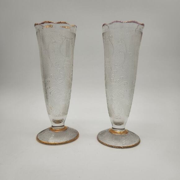 Two Textured Vintage Jeannette Harp Gold Pattern Vases 7 1/2" Tall Scalloped Rim - Picture 2 of 10
